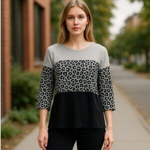Belle Kim Gravel TripleLuxe 3/4 Sleeve Black Leopard Print Color Block Top – Lg.
